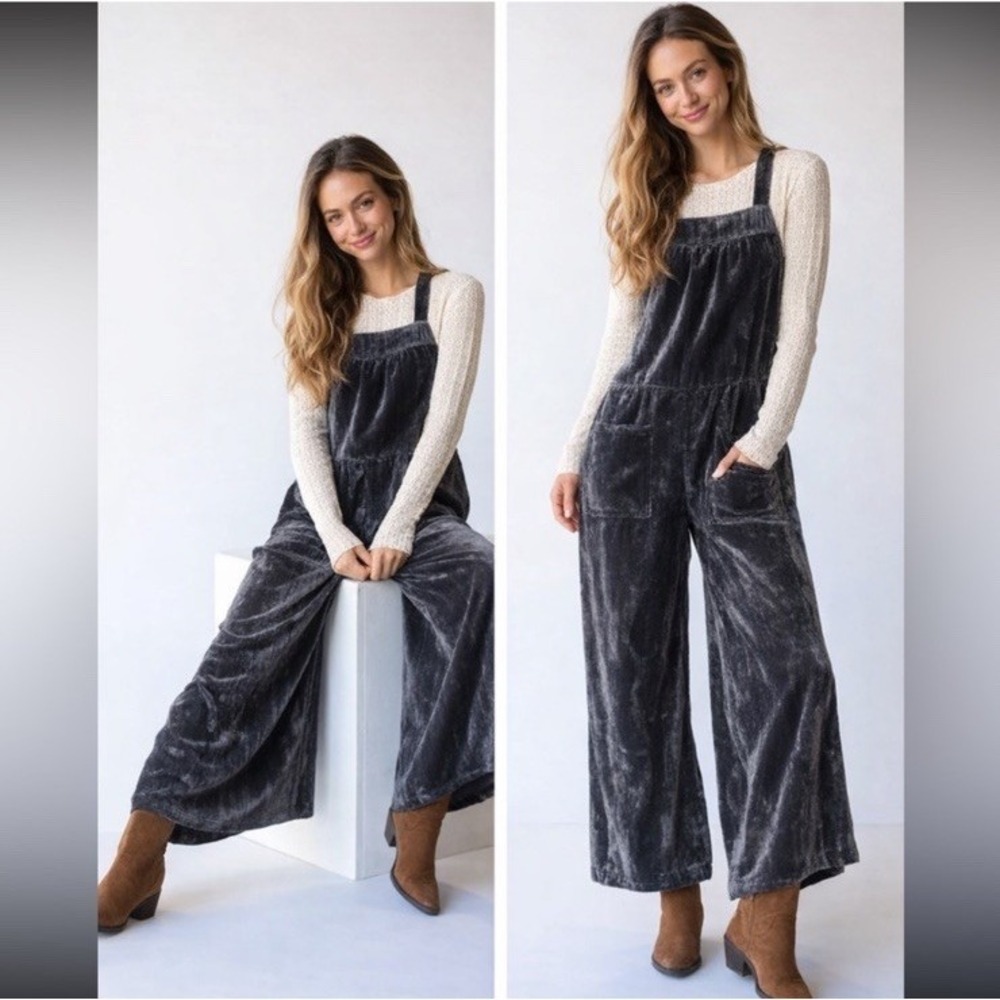 Natural Life Dakota Women's Medium Crushed Velvet Tie Overalls Jumpsuit Charcoal